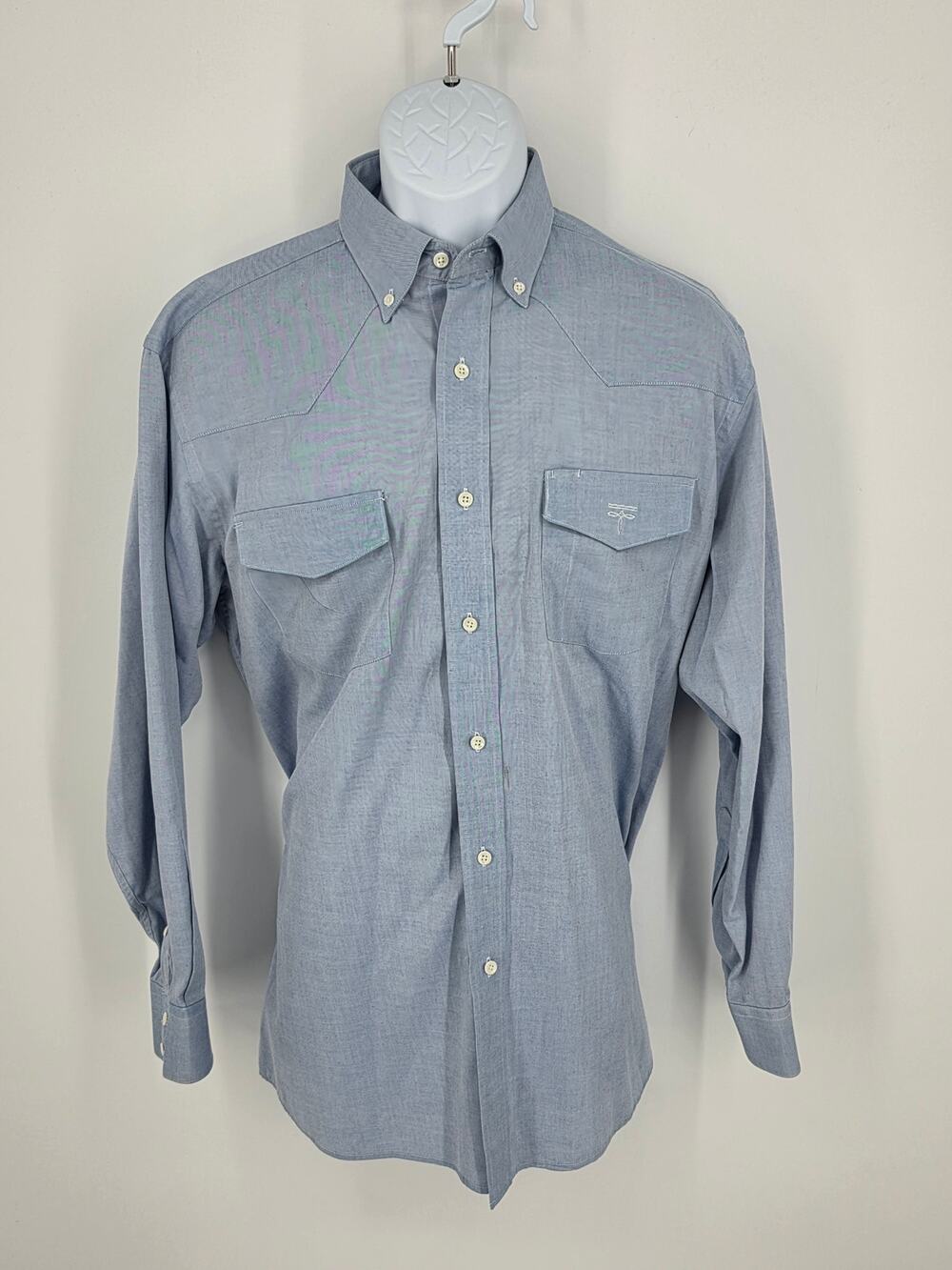 Lucchese Mens Size 15.5 34 Blue Western Dress Shirt Cotton Long Sleeve Pocket